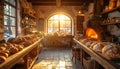 Cozy Bakery Interior with Fresh Bread and Warm Oven Light Royalty Free Stock Photo
