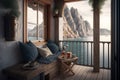 a cozy balcony with amazing views to the sea and mountains, generative Ai,