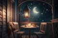 a cozy balcony with a chair, table and lantern for starry night