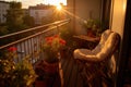 Cozy Balcony with Plants at Golden Hour. Generative AI Royalty Free Stock Photo