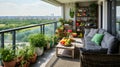 Cozy balcony with variety of herbs and potted plants overlooking the city. Relaxation area and ecological gardening. Royalty Free Stock Photo