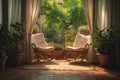 A cozy balcony with wicker chairs, a rug, and potted plants. A warm sunlight creating a peaceful atmosphere Royalty Free Stock Photo