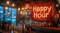Cozy bar interior with neon happy hour sign and assorted bottles Royalty Free Stock Photo