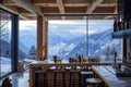 a cozy bar with stools overlooking a stunning snowy mountain landscape, exuding a serene and inviting vibe