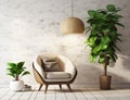 Cozy barrel chair between green houseplants near beige stucco wall. Home interior design of modern living room. Created with