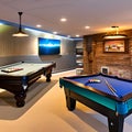 11 A cozy basement game room with a pool table, dartboard, and vintage arcade games1, Generative AI