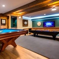 11 A cozy basement game room with a pool table, dartboard, and vintage arcade games3, Generative AI