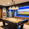11 A cozy basement game room with a pool table, dartboard, and vintage arcade games5, Generative AI
