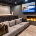 A cozy basement lounge with a plush sectional sofa, a big-screen TV, and a bar area for hosting movie nights4, Generative AI