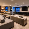 A cozy basement lounge with a plush sectional sofa, a big-screen TV, and a bar area for hosting movie nights5, Generative AI