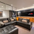 A cozy basement lounge with a plush sectional sofa, a big-screen TV, and a bar area for hosting movie nights2, Generative AI