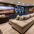 A cozy basement lounge with a plush sectional sofa, a big-screen TV, and a bar area for hosting movie nights1, Generative AI