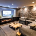 A cozy basement lounge with a plush sectional sofa, a big-screen TV, and a bar area for hosting movie nights3, Generative AI