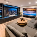 A cozy basement lounge with a sectional sofa, a big-screen TV, and a mini bar for hosting gatherings and movie nights3, Generati