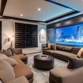 A cozy basement lounge with a sectional sofa, a big-screen TV, and a mini bar for hosting gatherings and movie nights1, Generati