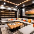 A cozy basement lounge with a sectional sofa, a big-screen TV, and a mini bar for hosting gatherings and movie nights2, Generati