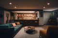 A cozy basement with a sectional sofa big scree. Generative AI