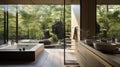 Cozy bathroom in an autonomous eco-house in a summer forest, view from the inside.