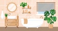 Cozy bathroom interior in trendy Scandic hygge style with bathtub, plants, sink and accessories.