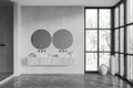 Cozy bathroom interior with two washbasins and douche, panoramic window Royalty Free Stock Photo