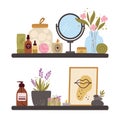 Cozy bathroom shelves. Different cosmetics. Mirror and cotton swabs. Moisturizer creams and lotions bottles. Skin and Royalty Free Stock Photo