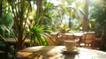 A cozy beachinspired cafe setting with sunlight streaming through palm trees offering a unique coffee experience Royalty Free Stock Photo