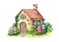 Cozy beautiful brick fantasy house with red roof. Watercolor illustration. Vintage small house with flowers and garden Royalty Free Stock Photo