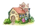 Cozy beautiful brick house with garden flowers. Watercolor illustration. Vintage small house with flowers and red roof Royalty Free Stock Photo