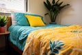 cozy bed with bright color bedding in student housing