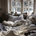 Â Cozy bed with monochrome bedding. Royalty Free Stock Photo