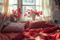 A cozy bed with a red comforter and matching pillows. Perfect for bedroom or interior design concepts Royalty Free Stock Photo