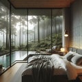 A cozy bed room with stylish design, pool, forest view, relaxing athmosphere, rainy day, early morning, foggy, modern