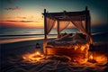 Cozy bed on sea shore. Lovestory idea