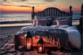 Cozy bed on sea shore. Lovestory idea