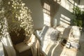 Cozy bedroom background with window light and shadows