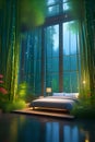 A cozy bedroom in a bamboo forest, with transparent wide windows, a whisical forest view, colorful wildflower and leaves, rainy
