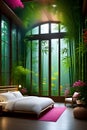 A cozy bedroom with bamboo forest view, in a spring night scenery, heavy rain, wide transparent windows, stylish interior design