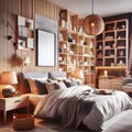 Cozy bedroom with built-in shelves and warm lighting. Interior of a bedroom Royalty Free Stock Photo