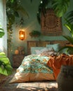 A cozy bedroom with a plant, wood bed, comfortable linens, pillow, lamp, and art Royalty Free Stock Photo