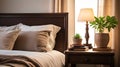 Cozy bedroom corner with soft lighting and greenery ai generated Royalty Free Stock Photo
