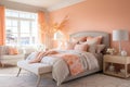 Cozy bedroom design with soft peach colors Royalty Free Stock Photo