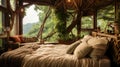 Comfortable Boho Bedroom with Wicker and Bamboo Details Overlooking Lush Jungle Vegetation - Invoking Bohemian Warmth and Serenity Royalty Free Stock Photo