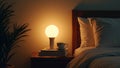Cozy bedroom with dimly lit bedside lamp books and tea Royalty Free Stock Photo