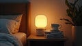 Cozy bedroom with dimly lit bedside lamp books and tea Royalty Free Stock Photo