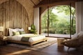 Cozy bedroom in an eco hotel in tropical style bed, large windows, bamboo walls, view of forest. Generative AI Royalty Free Stock Photo