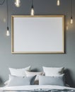Cozy bedroom with empty poster frame. Frame mockup in interior. Royalty Free Stock Photo