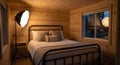 Cozy Bedroom evening scene in tiny house modern rustic Royalty Free Stock Photo