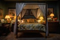 a cozy bedroom with a four-poster bed and vintage bedside lamps