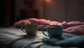 Cozy bedroom with hot coffee, wool blanket, and relaxing book generated by AI