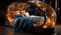 Cozy bedroom, illuminated by modern lamp, exudes comfort and elegance generated by AI